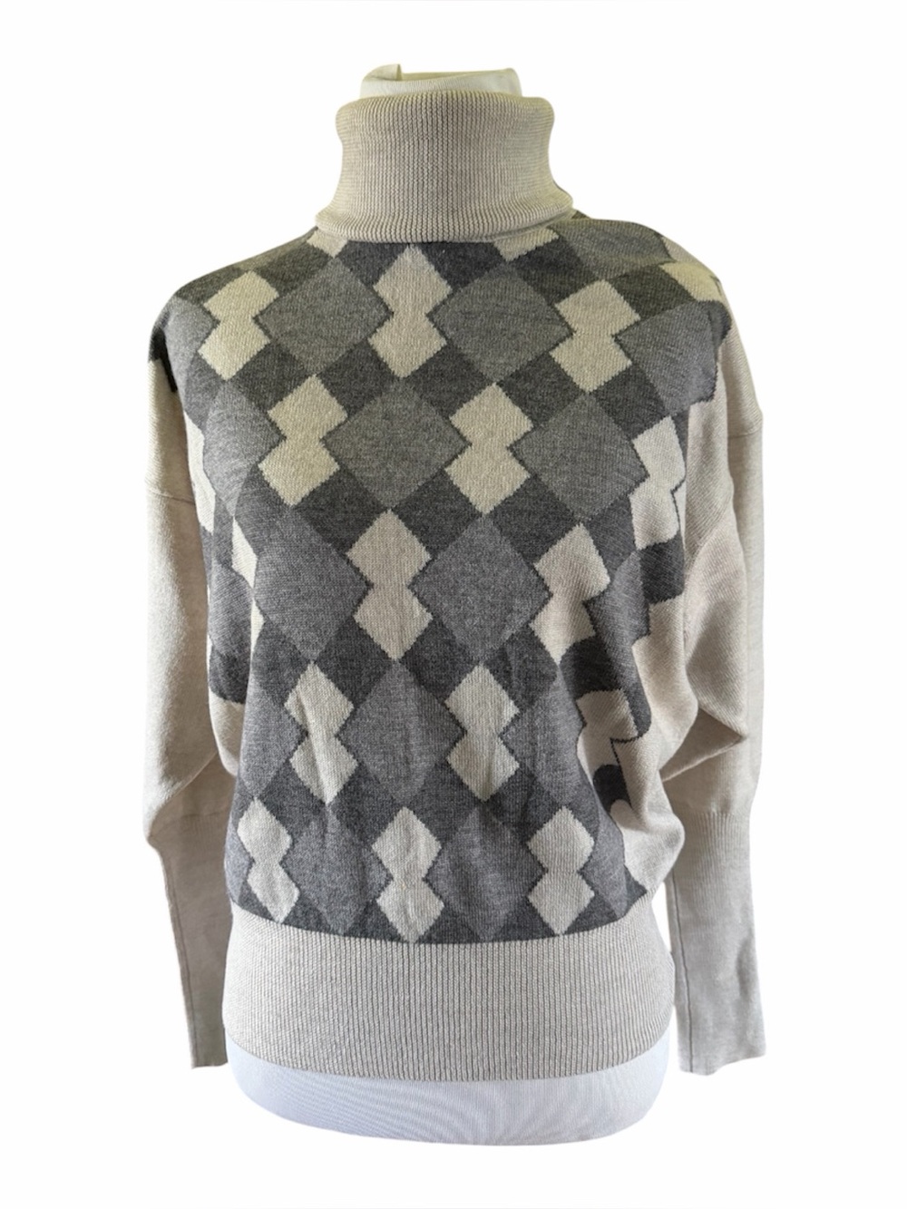 Vintage DKNY Size S/P Pure Wool Argyle Turtleneck Long Dolman Sleeve Sweater